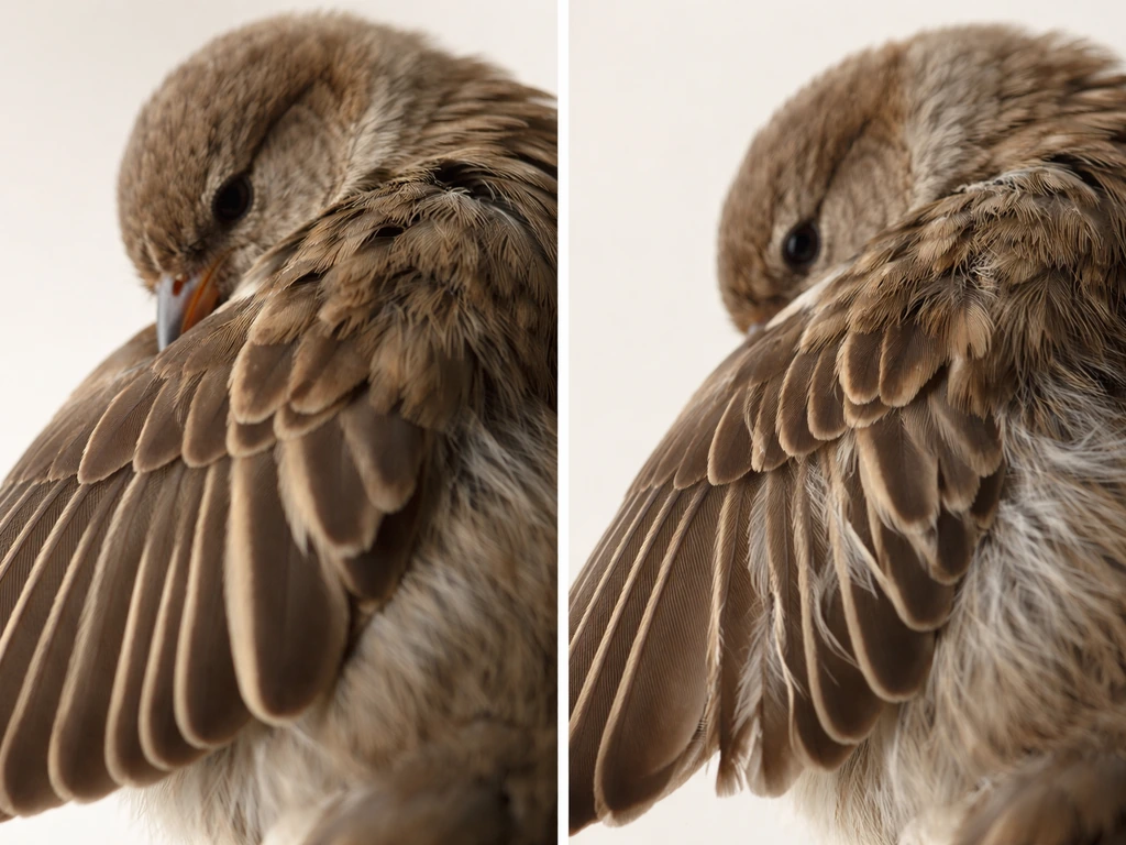 Close-up split scene of a bird wing: gentle preening feathers on one side, chewed-overgroomed feathers on the other.