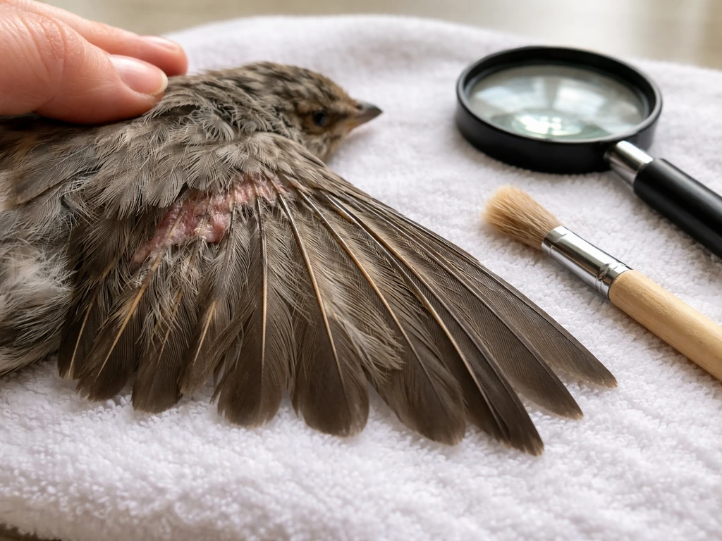 Close-up of a bird wing with patchy, irritated feathers beside a magnifier and small brush