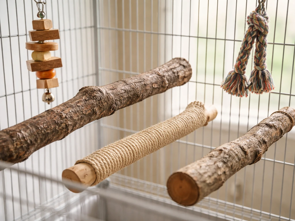 Bird cage interior with varied natural wood and rope perches and a few enrichment toys
