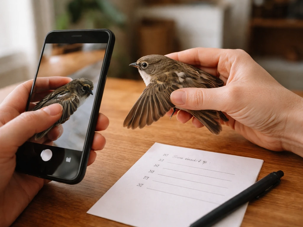 Person photographing a bird’s wing area with phone beside a handwritten observation checklist