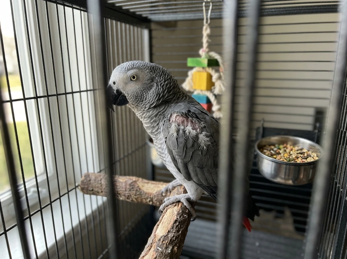 Pet parrot perched near cage with ruffled feathers, hinting at feather plucking causes