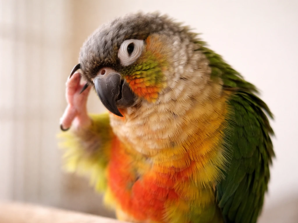 Close-up of a pet bird rubbing its head, feathers fluffed, looking concerned