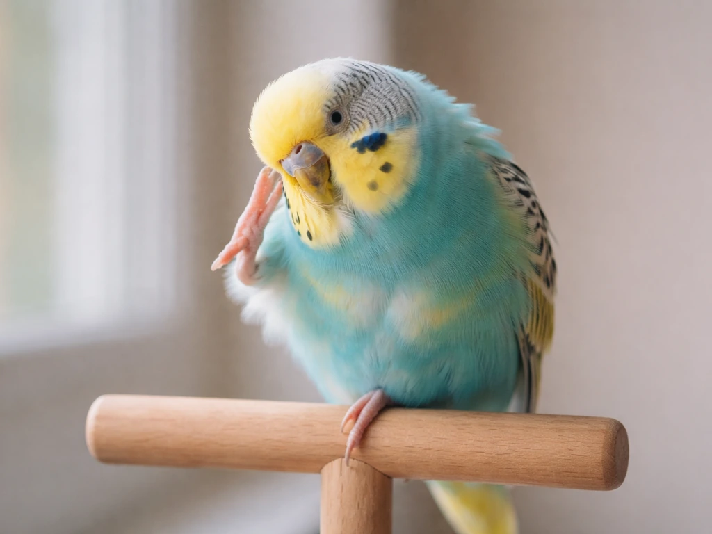 A small pet bird perched indoors lightly scratching its head during normal grooming.