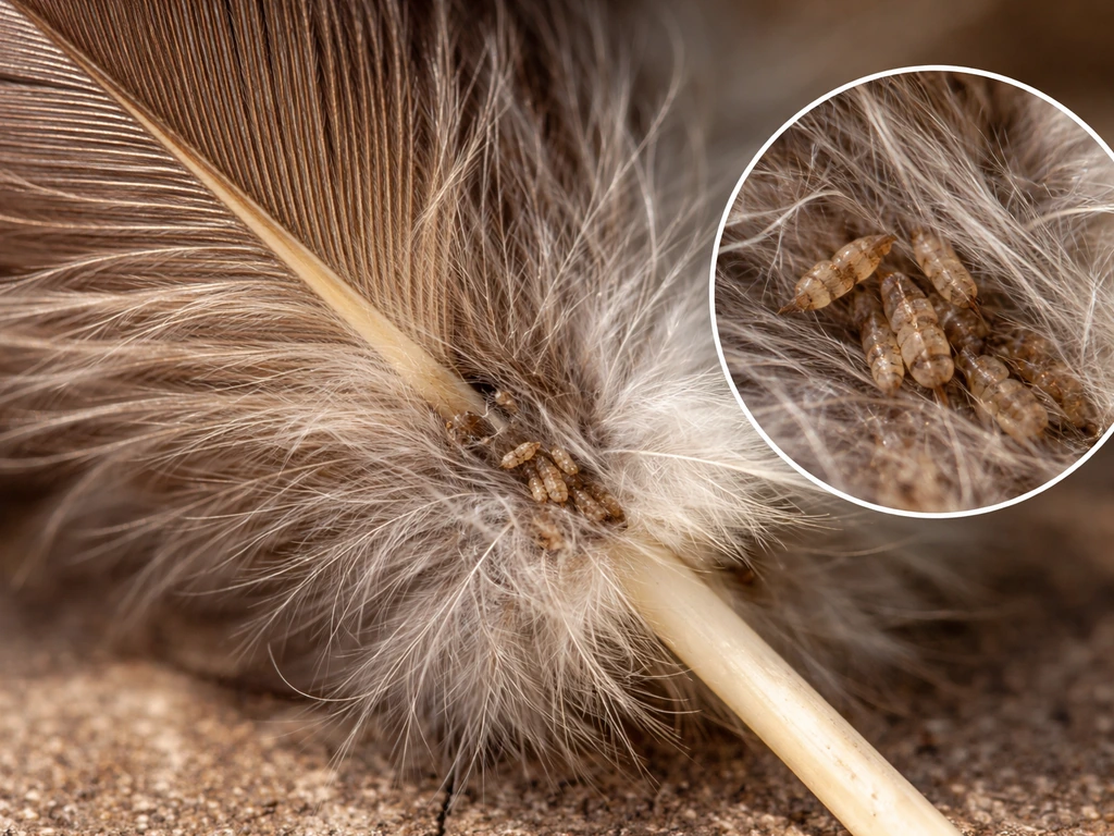 Macro close-up of bird feathers with tiny insect-like shapes nestled in feather fibers, suggesting lice/mites risk.