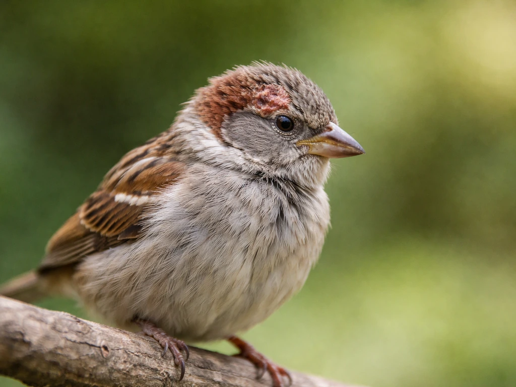 Close-up of a small bird on a branch with a single irritated, scabbed spot on its head.