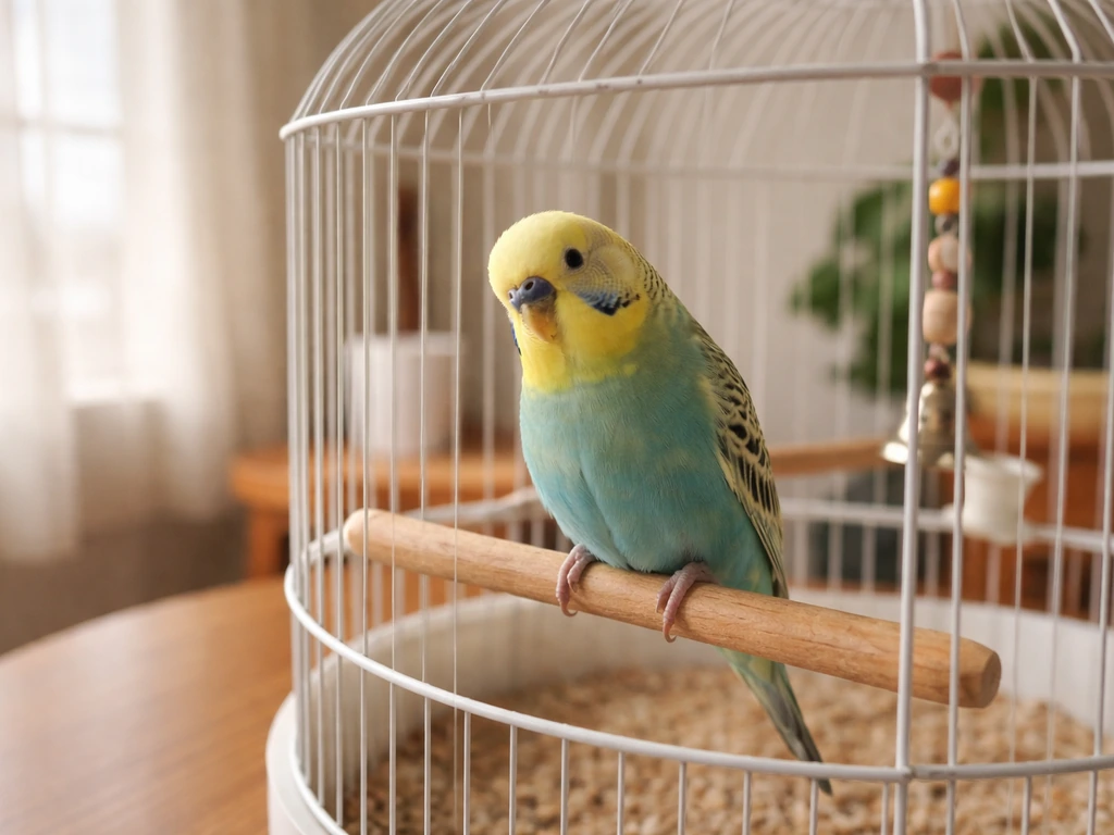 Calm pet bird perched comfortably near its cage in a cozy home setting.