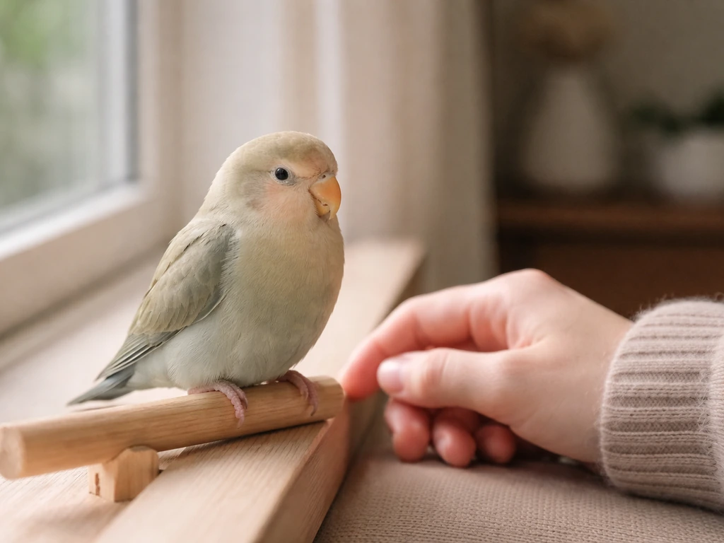 A calm pet bird with smooth, flat feathers perched near a quiet owner’s hand, watching the room.