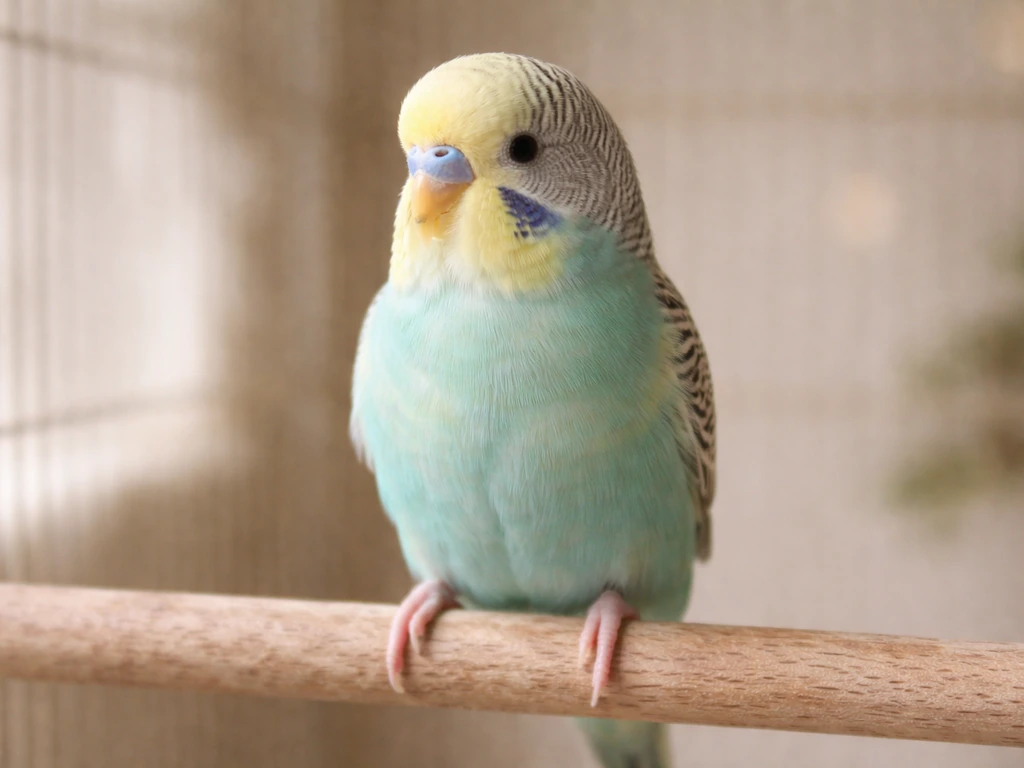 Close-up of a small pet bird perched upright with smooth, relaxed feathers and calm posture