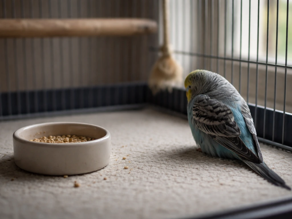 A small bird perched alone near a food bowl inside a quiet, minimal cage, looking withdrawn.