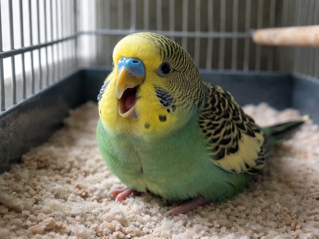 Pet bird sitting low on cage floor with open mouth, suggesting respiratory distress; quick, urgent mood.