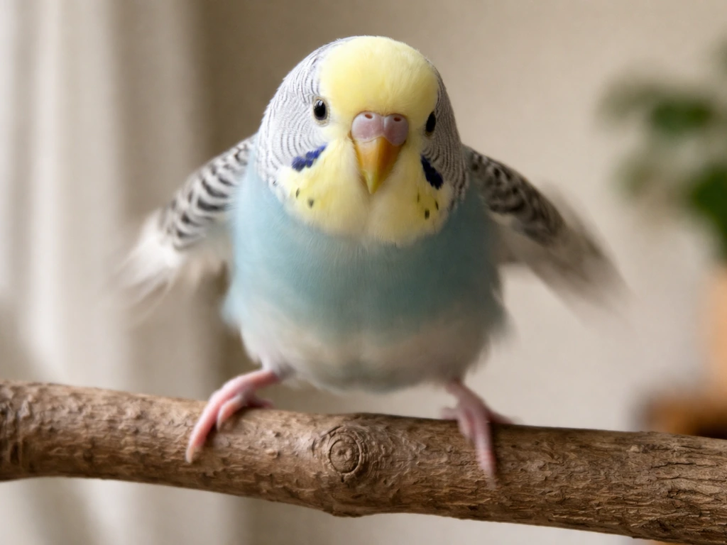 A small pet bird on a wooden perch swaying side to side, captured close-up with natural light.