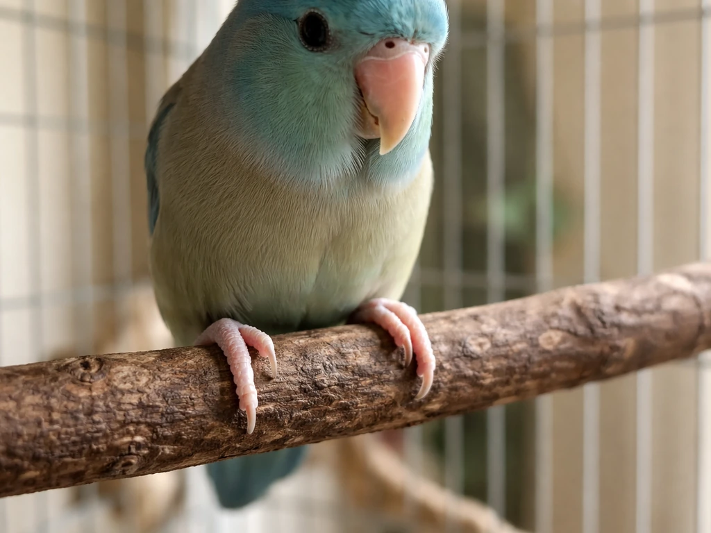 Close-up of a small bird gripping a wooden perch firmly, with clear foot placement and balanced stance.