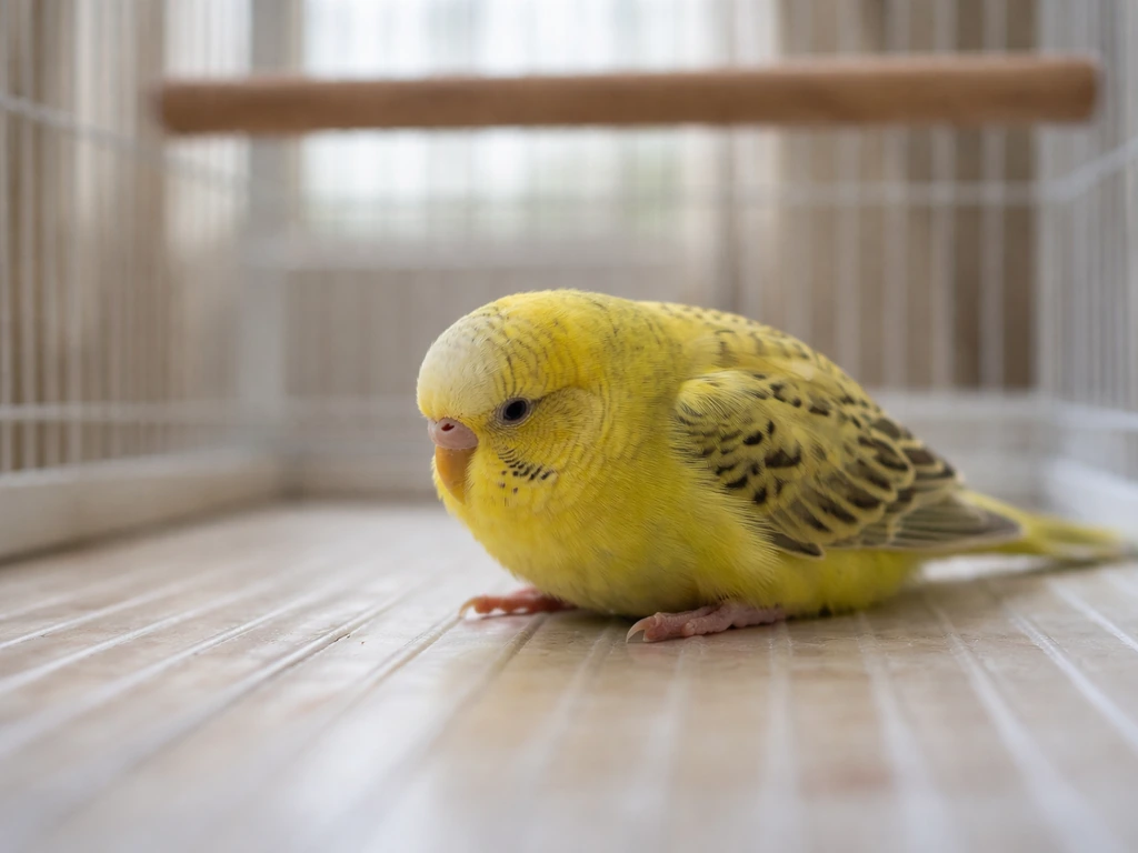 Injured-looking small bird hunched low by a cage floor, alert for drooping posture and swelling