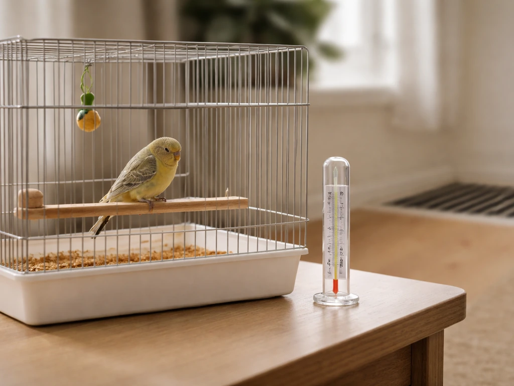 A small bird in a cage placed away from a vent, with a thermometer showing room temperature comfort.