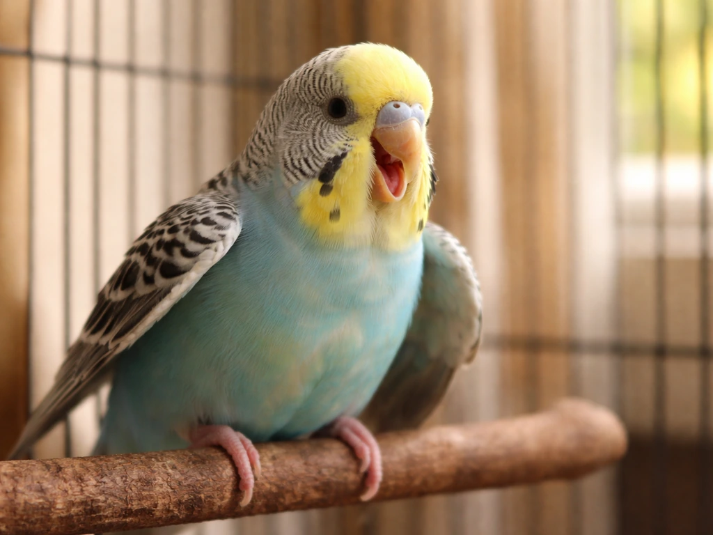 Close-up of a pet bird panting with wings slightly out in a warm indoor setting.