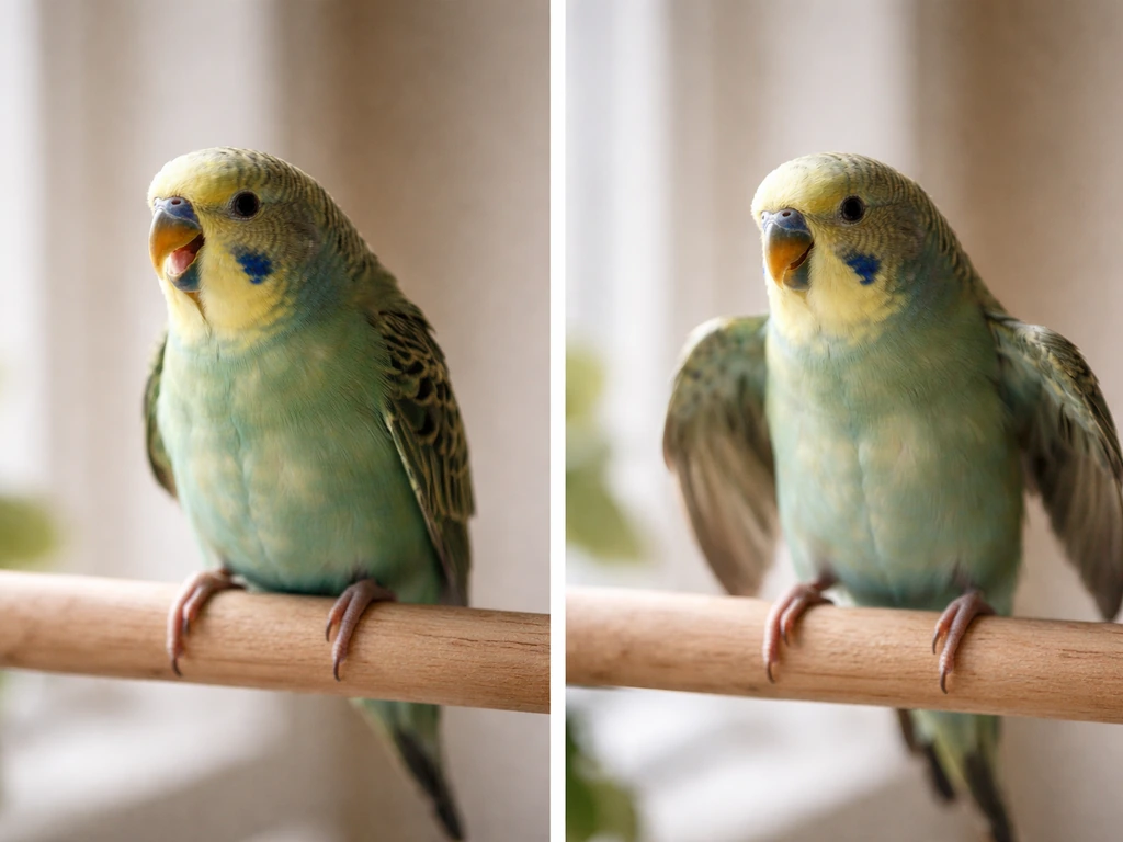 Close-up of a small pet bird showing overheating signs: open-mouth breathing, wings held slightly out, alert posture.