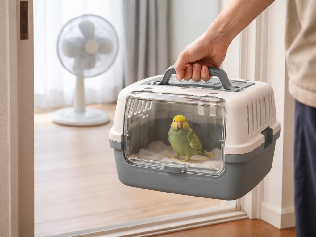 Close-up of a small bird being gently moved from a warmer room toward a cooler, fan-assisted area