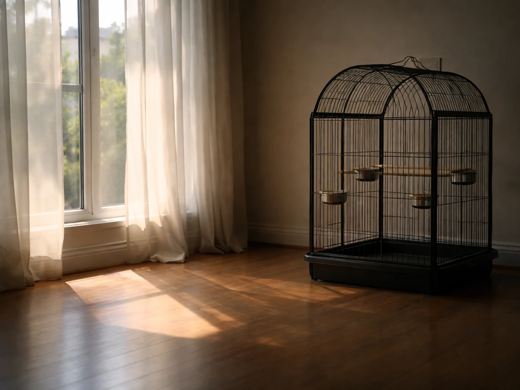 Pet cage placed in window shade while a bright afternoon sunbeam hits the floor nearby.