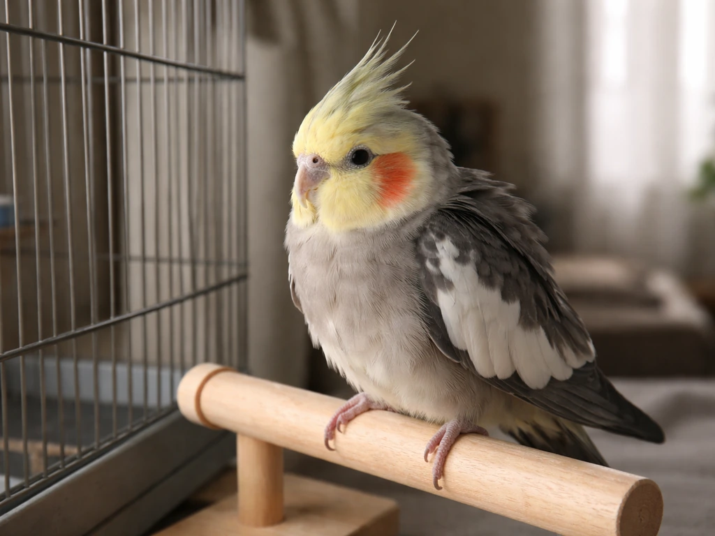 A pet bird perched alertly beside its cage with a tense, guarded posture suggesting hormonal stress