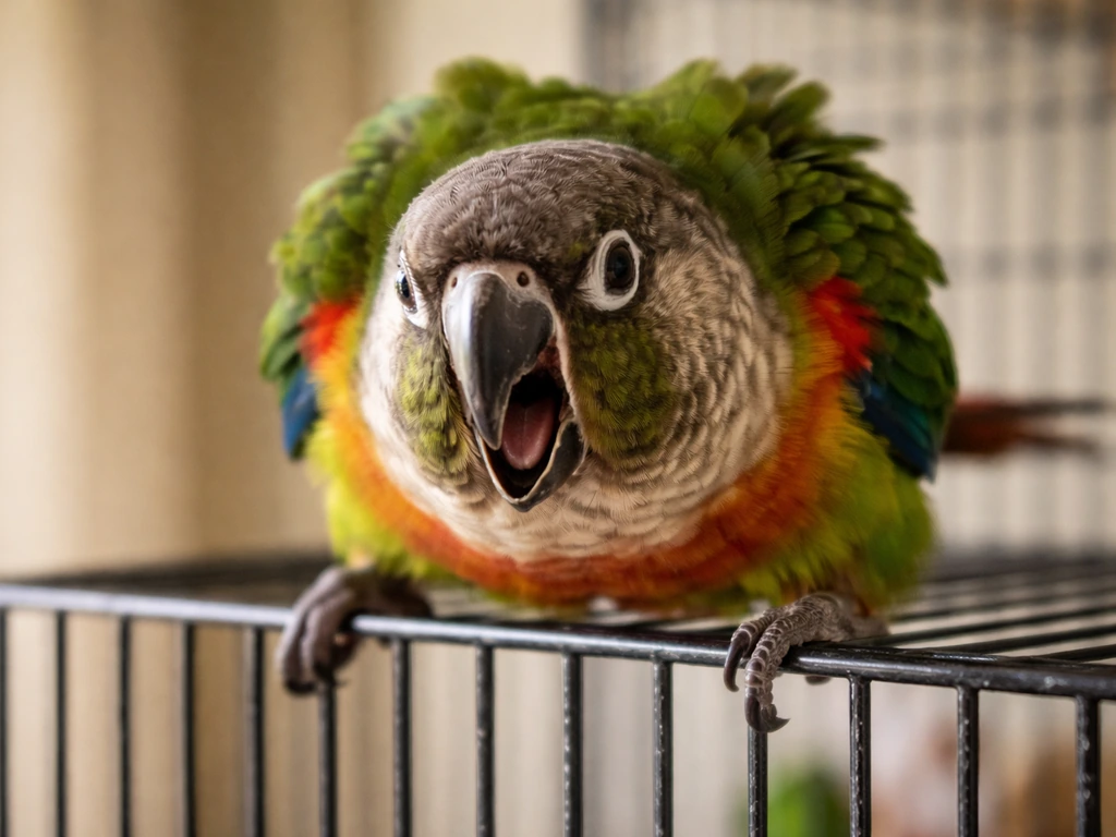 A pet parrot in its cage shows an alert, defensive posture with puffed feathers near the bars.