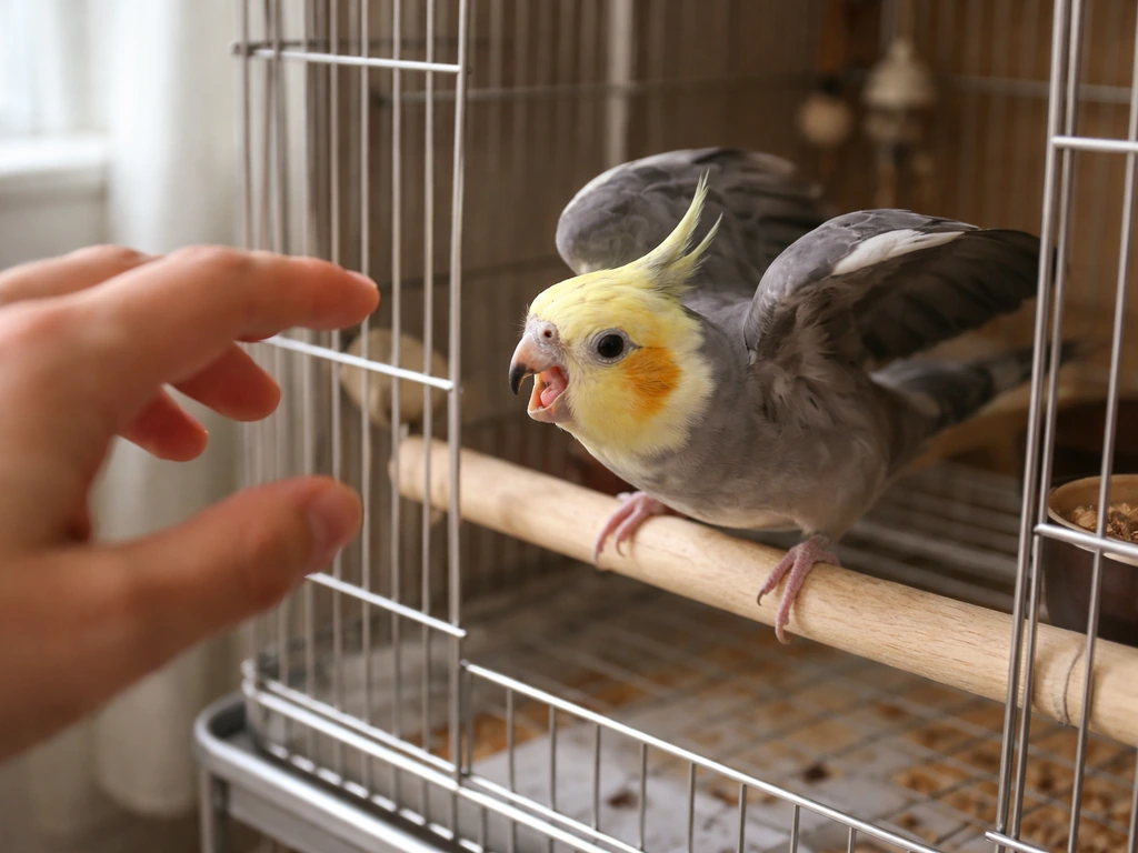 A small pet bird aggressively charges a hand near the open cage entrance, guarding its perch area.