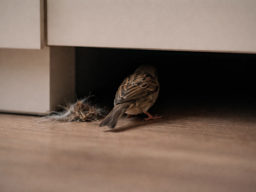 Small bird slips into a dark nook, partially dragging shredded nesting material under furniture.