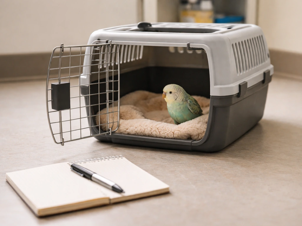 Open pet carrier on a clean floor beside a small notebook, with a calm bird perched near a blanket.