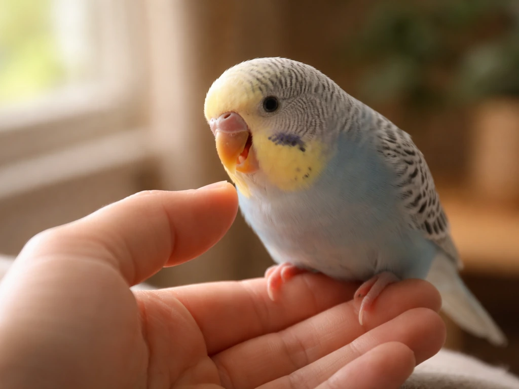 A small pet bird perched on a person’s hand as it regurgitates during gentle bonding, cozy natural light