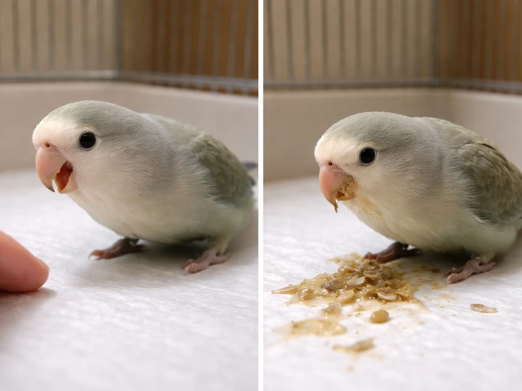 Split close-up: pet bird regurgitating onto a safe surface vs messy involuntary-looking soiling aftermath