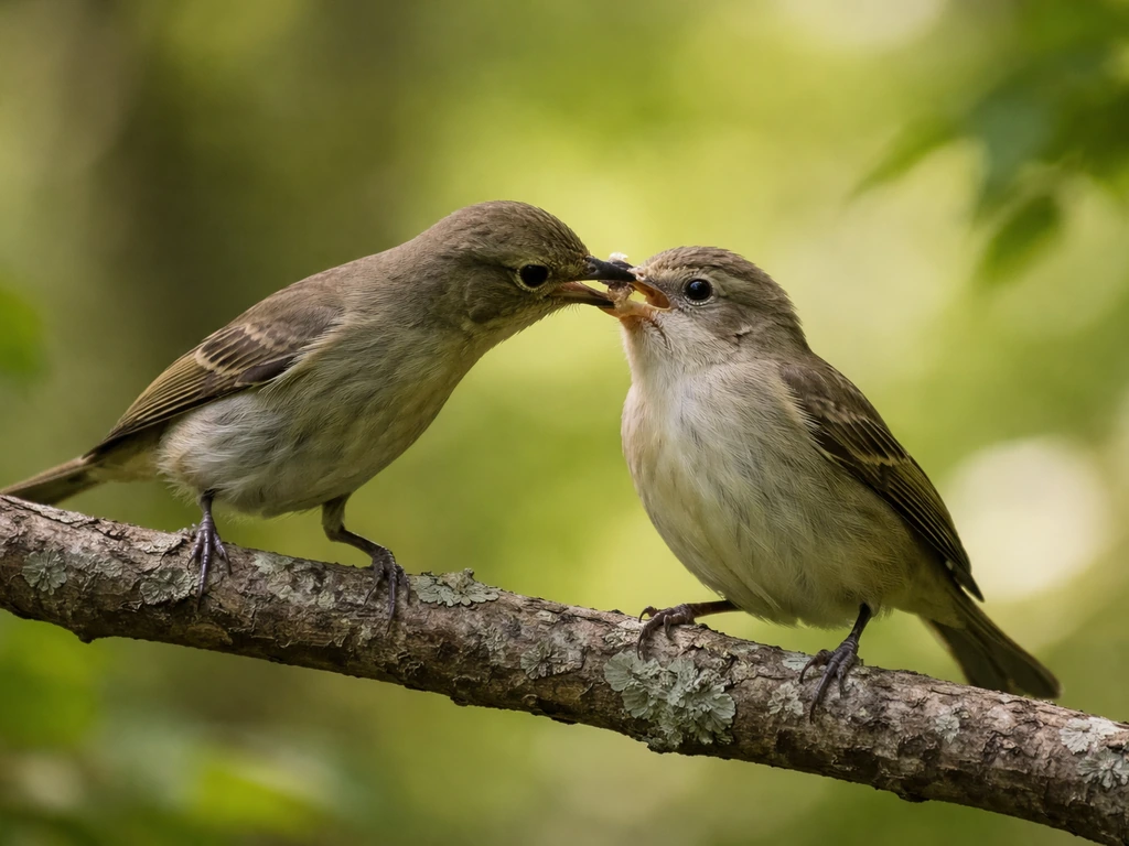 Two small wild birds on a branch, one regurgitating food into the other’s open mouth.