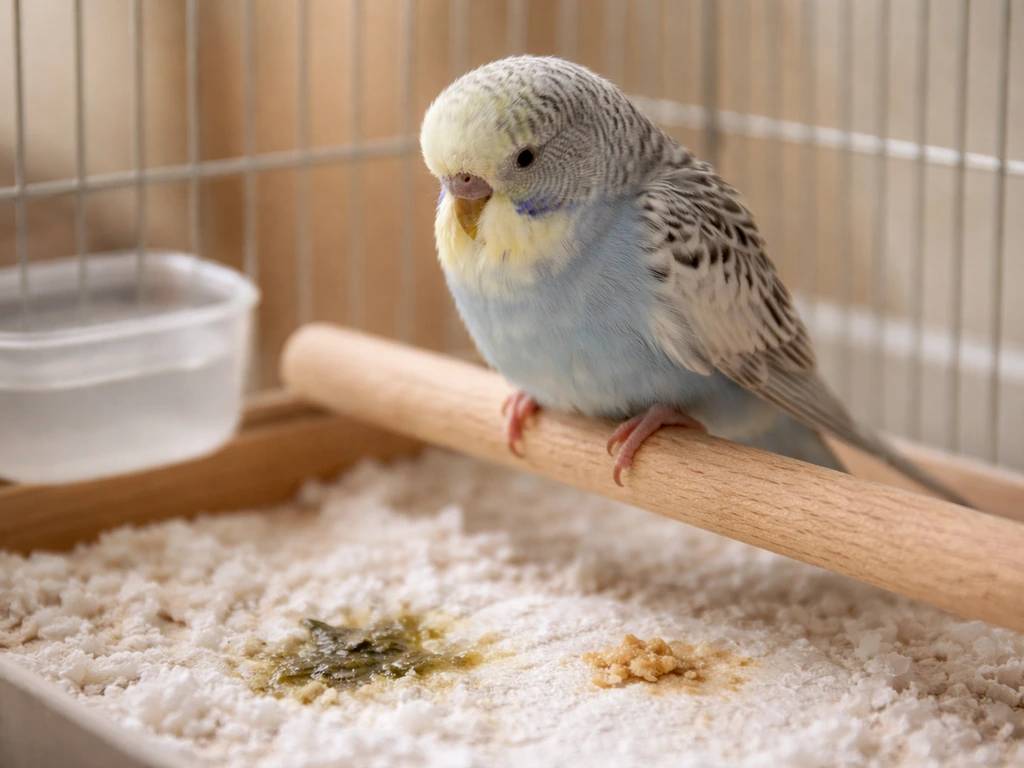 Close-up of a small bird near a feeding perch with a slightly damp area, suggesting possible illness signs.