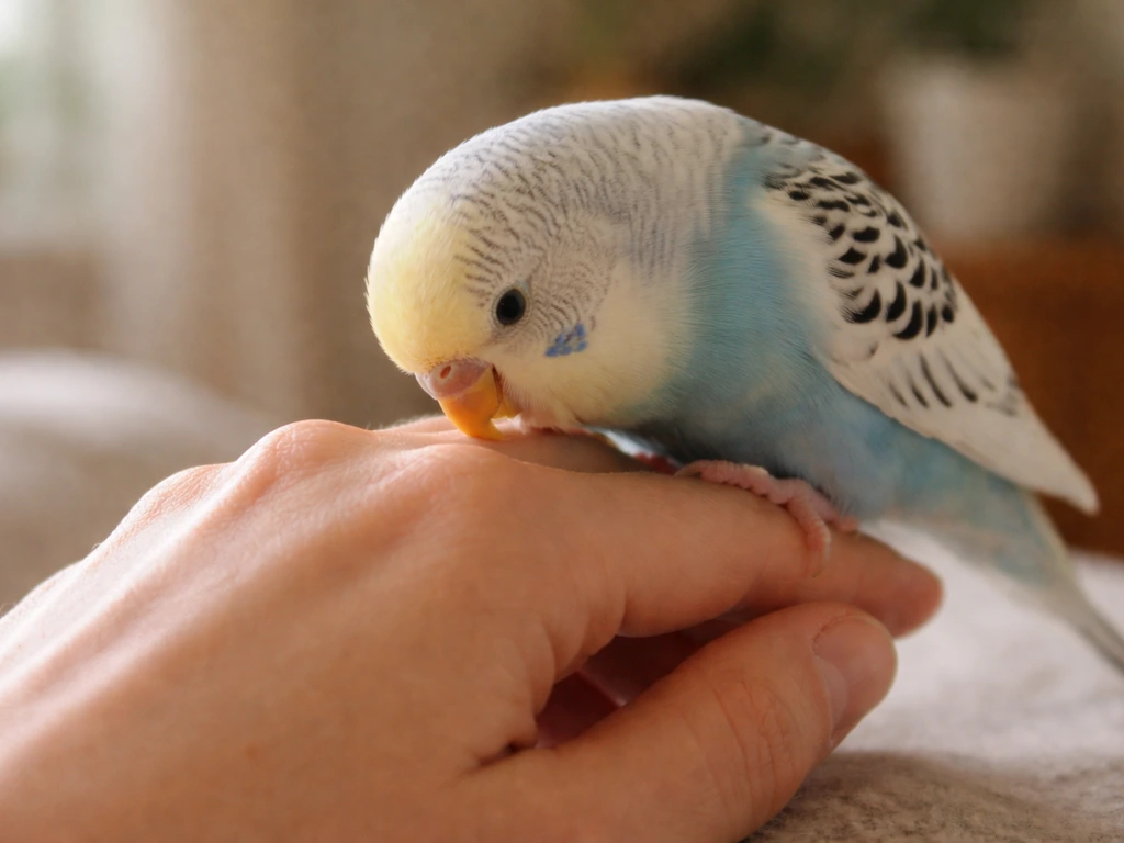 A pet bird gently preening a person’s hand, showing warm bonding behavior.