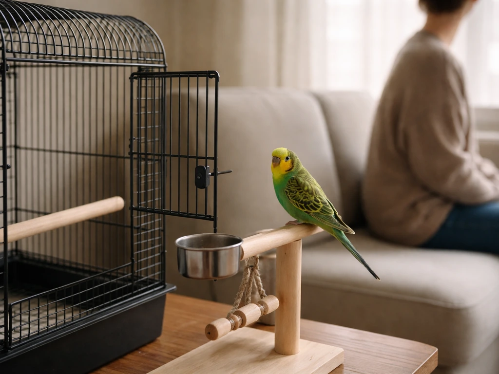 A wary pet bird perched by its cage door while a calm owner sits at a respectful distance nearby.