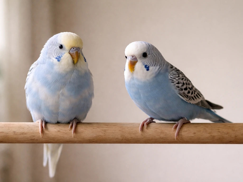 Close-up of two pet birds in a calm perch, one relaxed and one stiff, showing fear-like posture