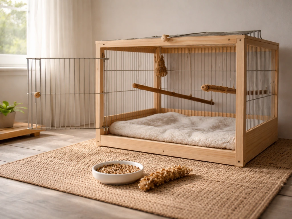 Quiet bird room with an open cage, natural perches, and food placed nearby for stress-free access.
