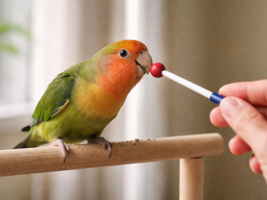 Small parrot perched on a dowel touching a handheld target stick held near it indoors