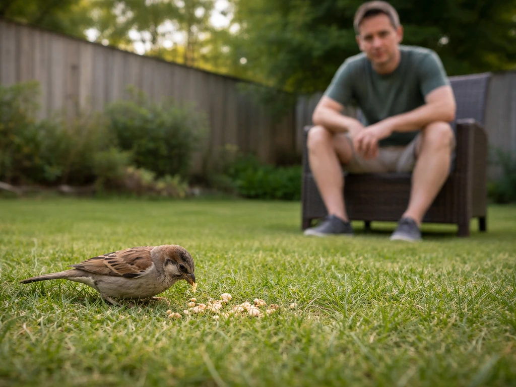 Person sits still at safe distance as a wild bird eats calmly from scattered food on grass.