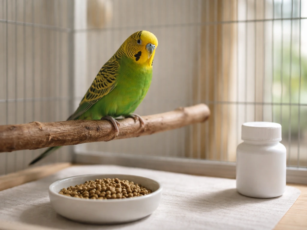 Healthy pet bird perched beside pellet dish and an unopened vitamin bottle in a simple home habitat.