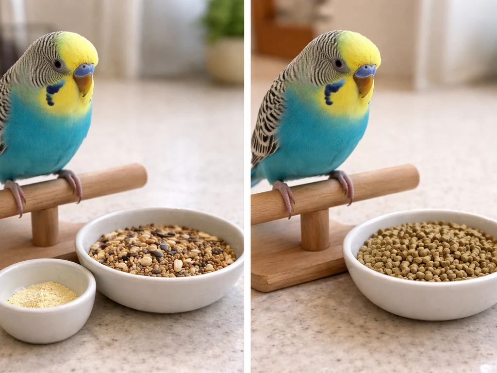 Left: small seed-heavy bird with a discreet supplement bowl; right: bird eating plain pellets without supplements.
