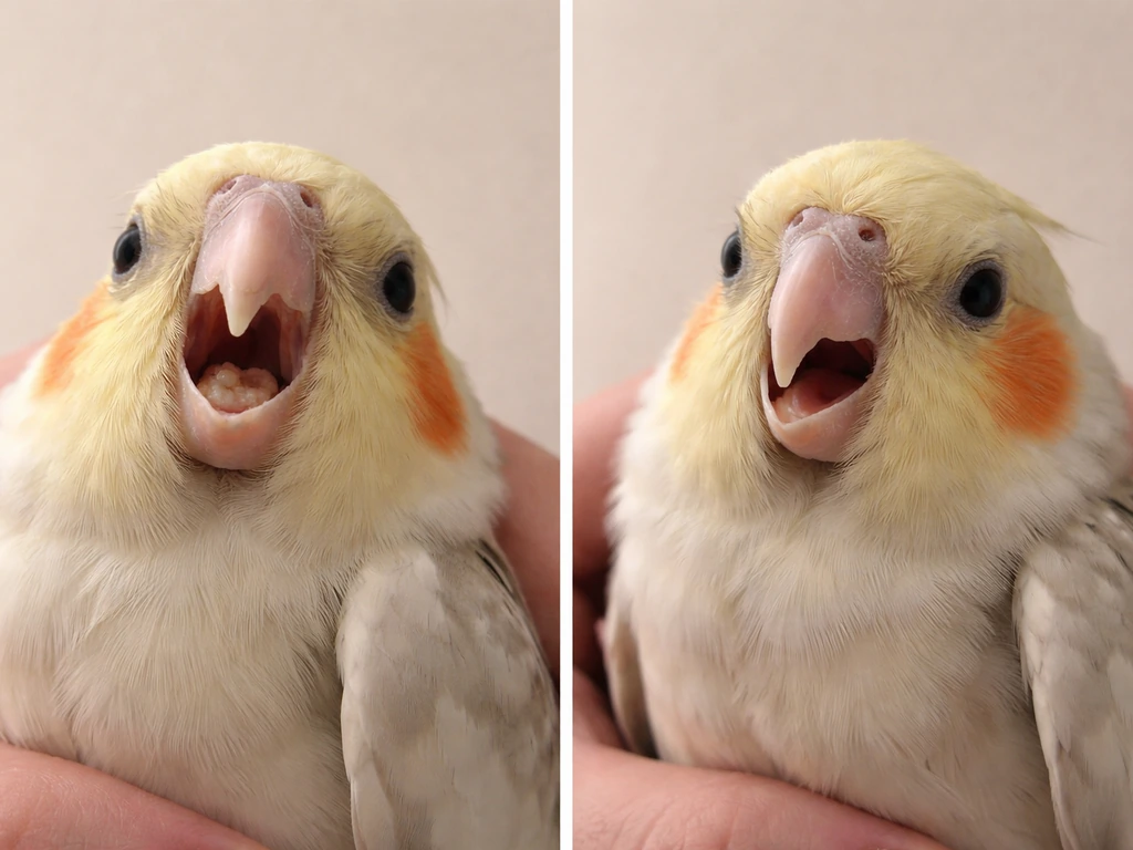 Side-by-side close-ups of a small bird’s mouth: mild pale plaques on one side, drooping ill posture on the other.