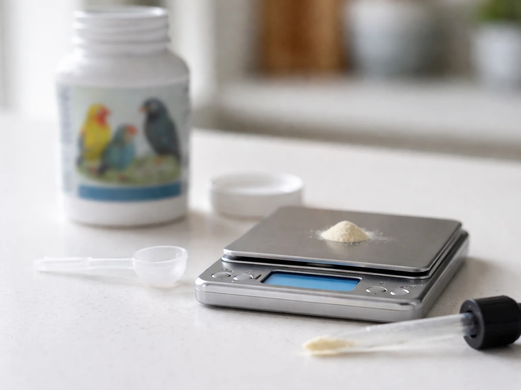 Blurred bird vitamin label beside a tiny spoon and pipette next to a small kitchen scale for safe dosing.
