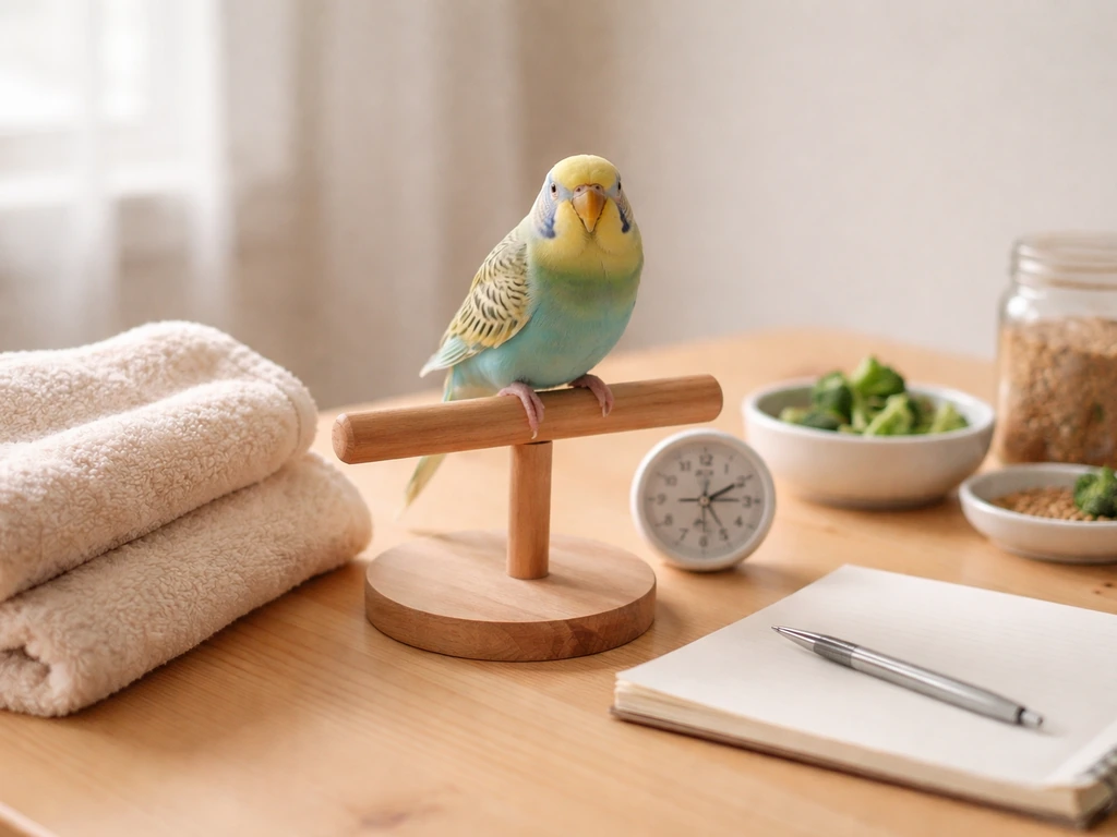 Pet bird perched near a small thermometer, notebook, and warm towel for quick first checks.