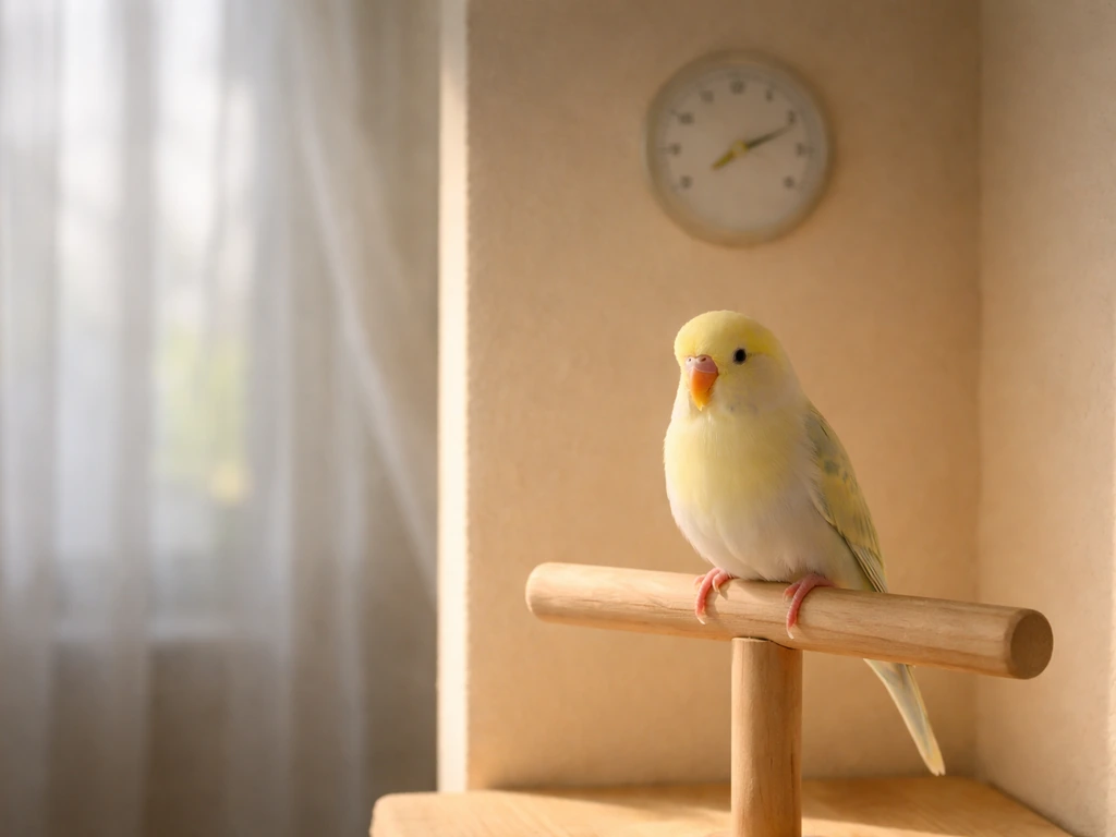 Small pet bird perched near a warm spot, with a visible room thermometer suggesting safe temperature