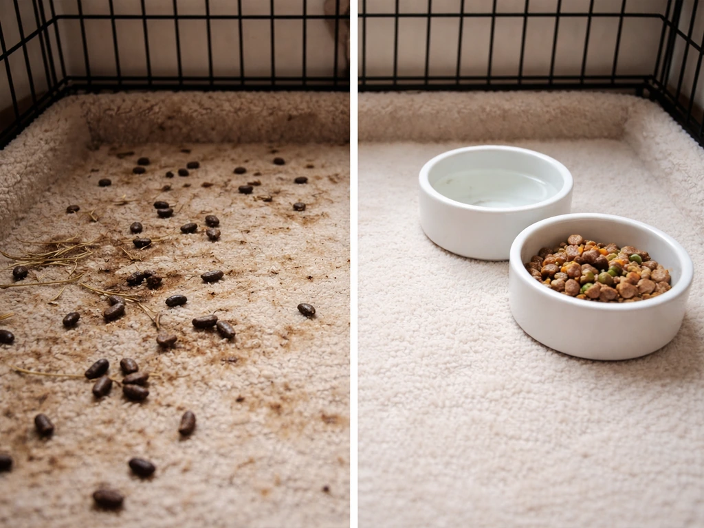 Close-up of a pet cage showing dirty droppings buildup next to a freshly cleaned area with water and food.