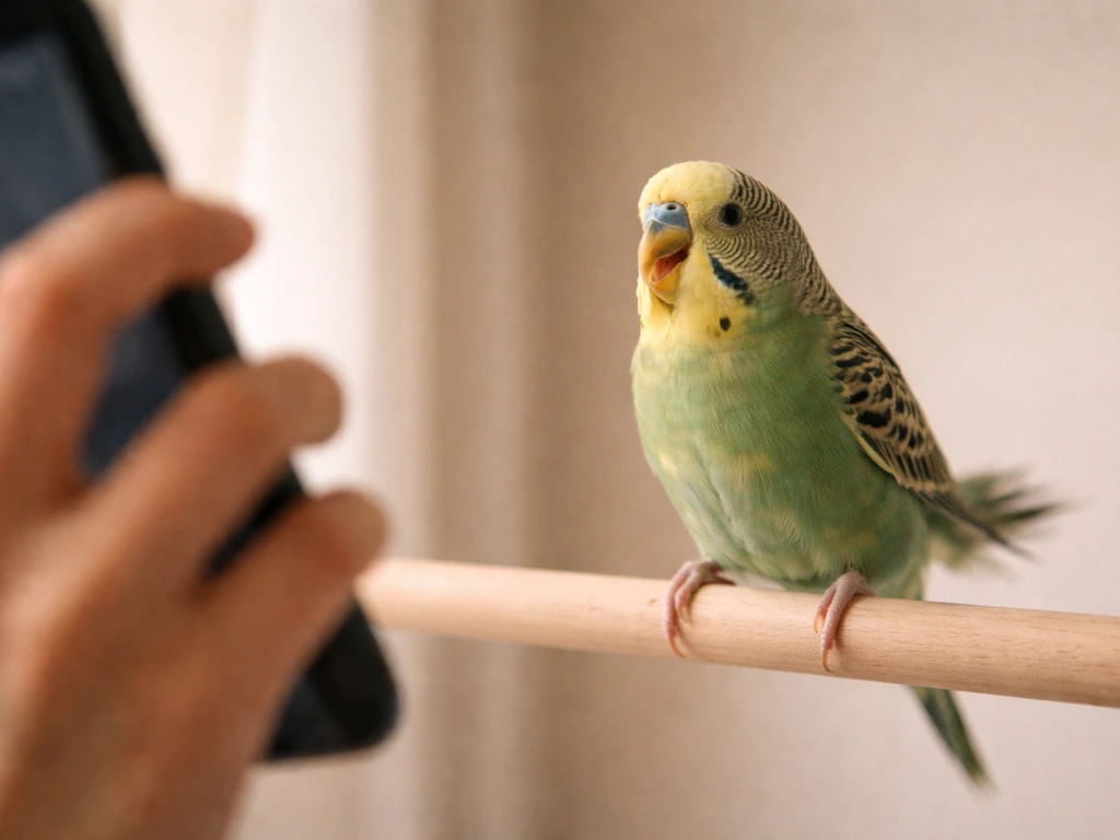 Close-up of a small pet bird on a perch showing open-mouth breathing while a hand prepares to call a vet.