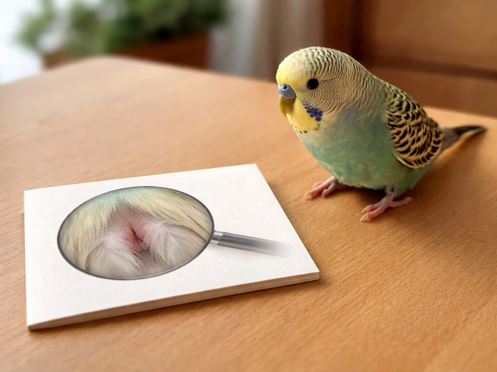 Small pet bird perched near a magnifying glass over a softly lit nesting/vent-like area on a card