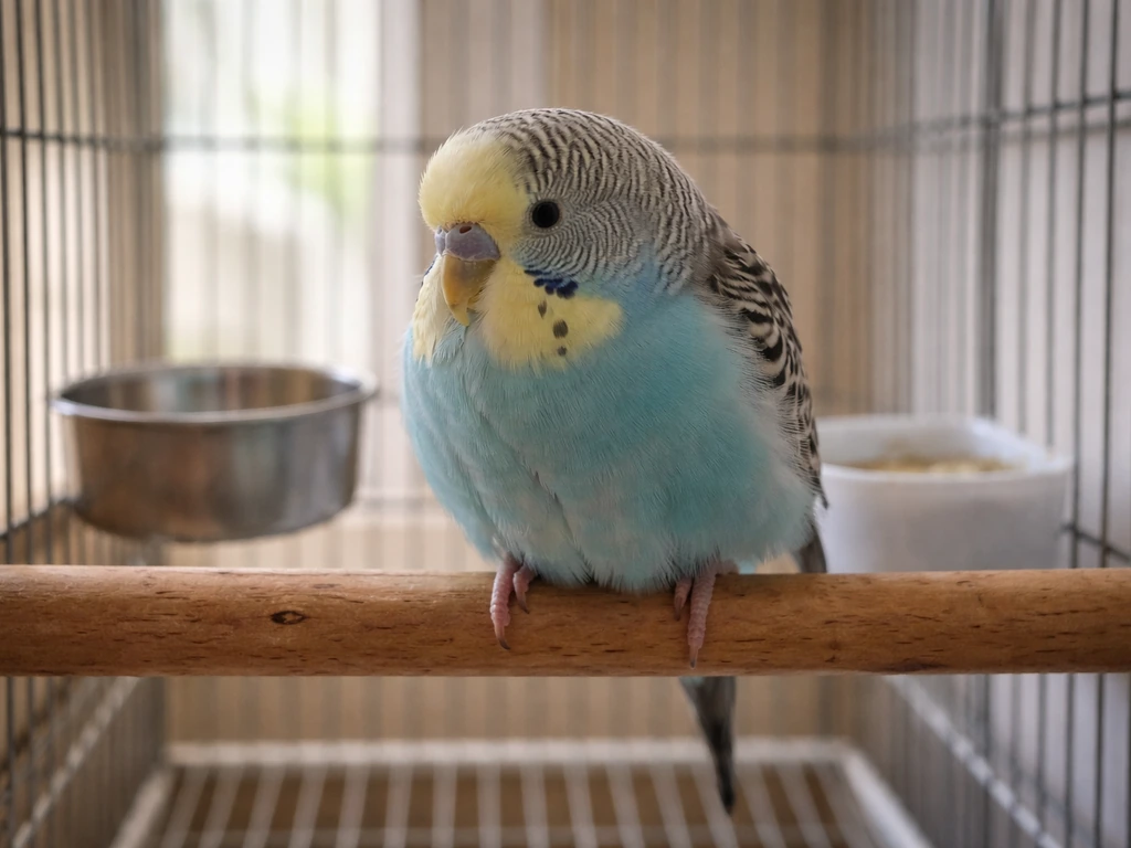 Small pet bird perched in a home cage, slightly puffed and unusually quiet, minimal setup, natural light.