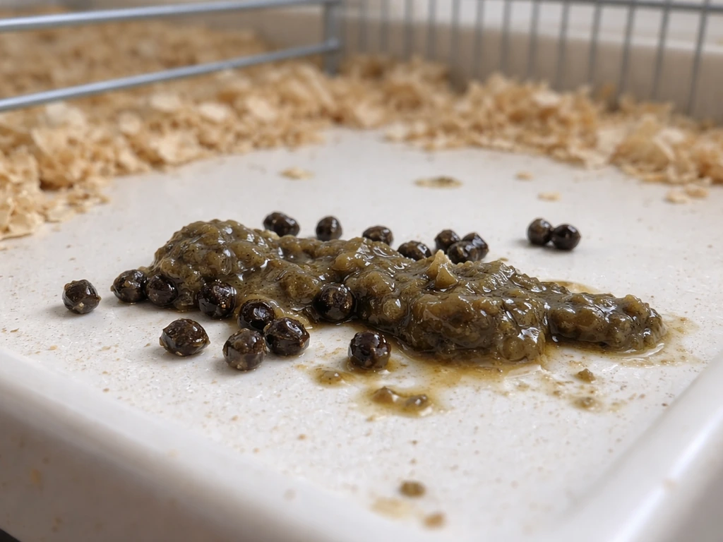 Close-up of a pet cage bottom with fresh droppings showing abnormal color and wet clumped texture.