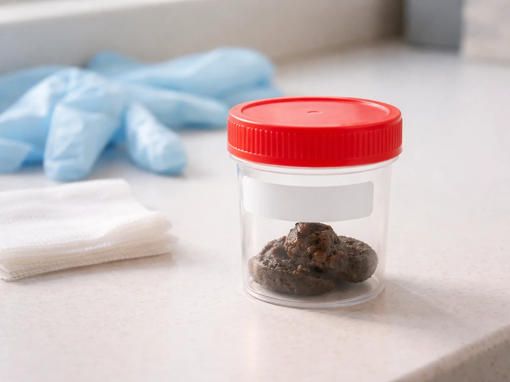 Close-up of a small fresh droppings sample in a clean labeled container beside a vet exam kit.