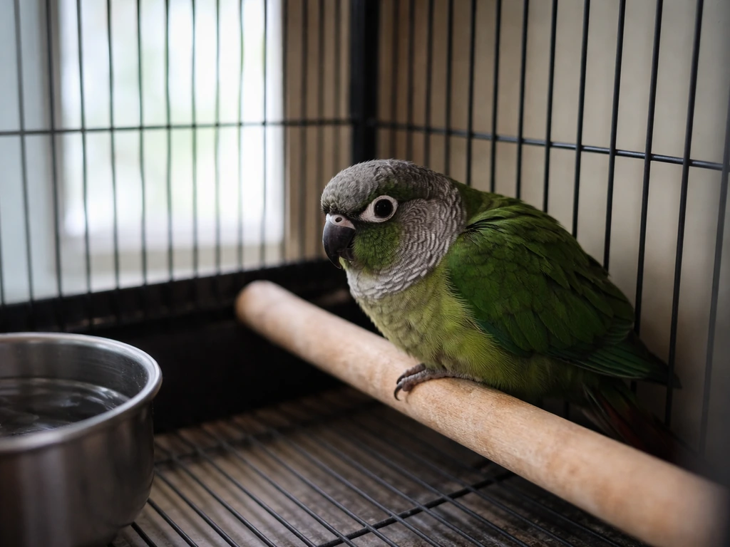Pet parrot tucked into a cage corner on a lower perch, alert but withdrawn in soft natural light.